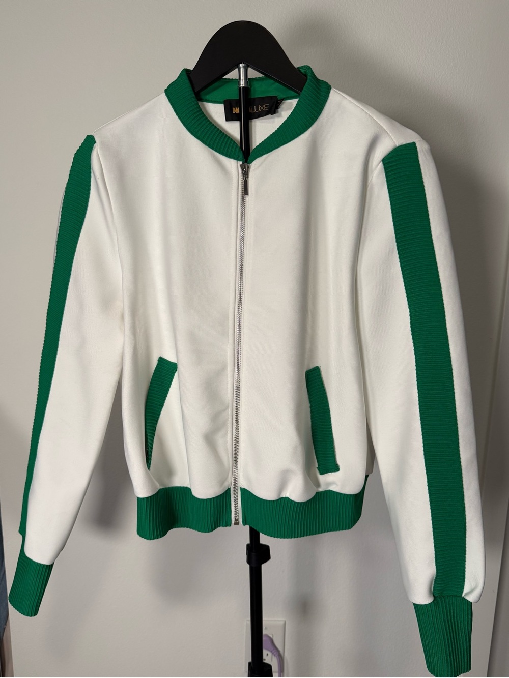 Fashion Nova White Bomber Jacket with Green Trim